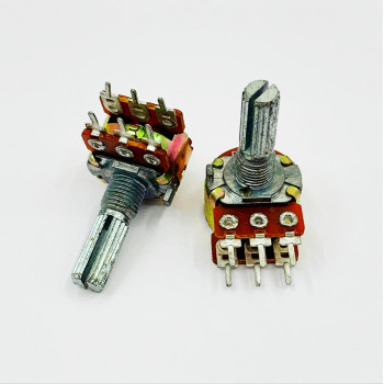 Резистор переменный B500K 2*3pin 17мм шаг 5мм мет ручка с накаткой, гайка                           