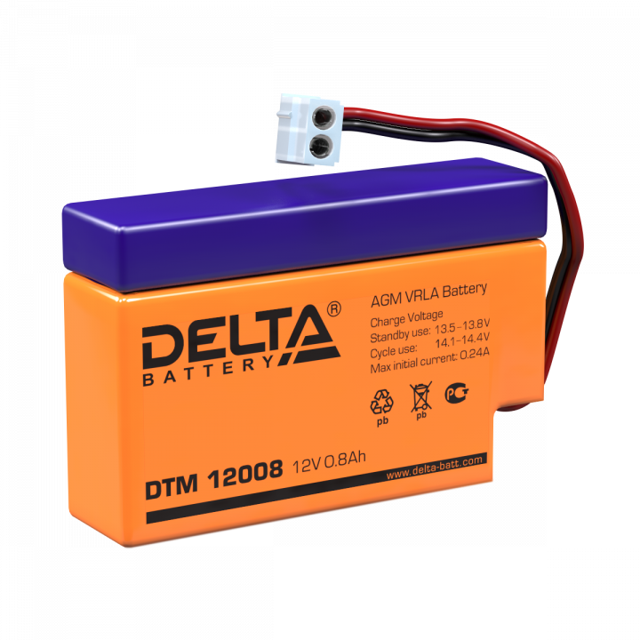 DTM12008 12V 0,8Ah Delta Battery аккумулятор свинцовый (провод с разъемом)