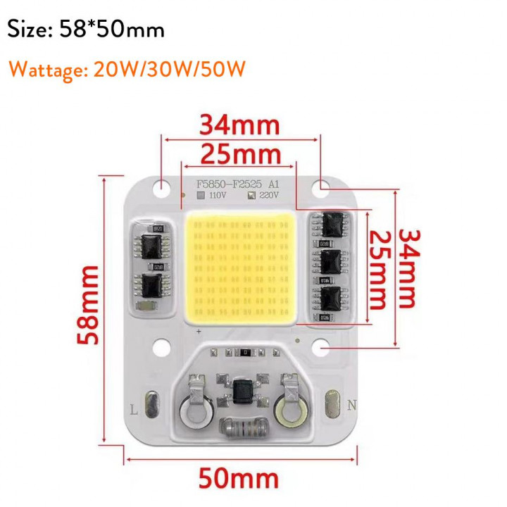 COB-30W 220VAC 5700K 3000Lm белый 50*58мм China (F5850-F2525)  